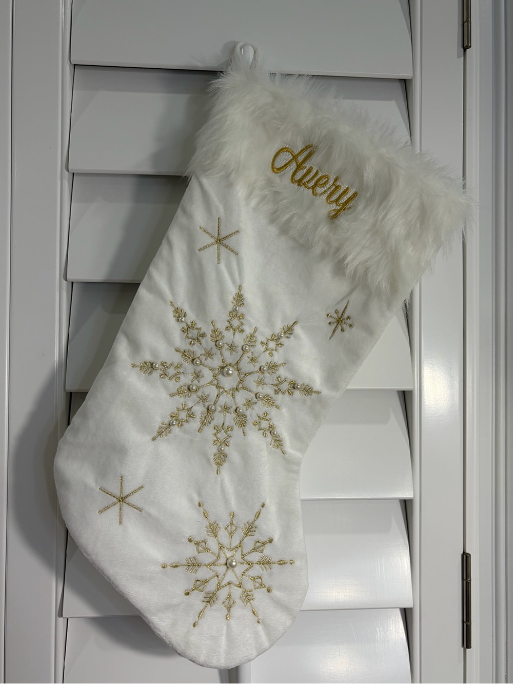 "Avery" Gorgeous White & Gold Snowflake Holiday Christmas Stocking